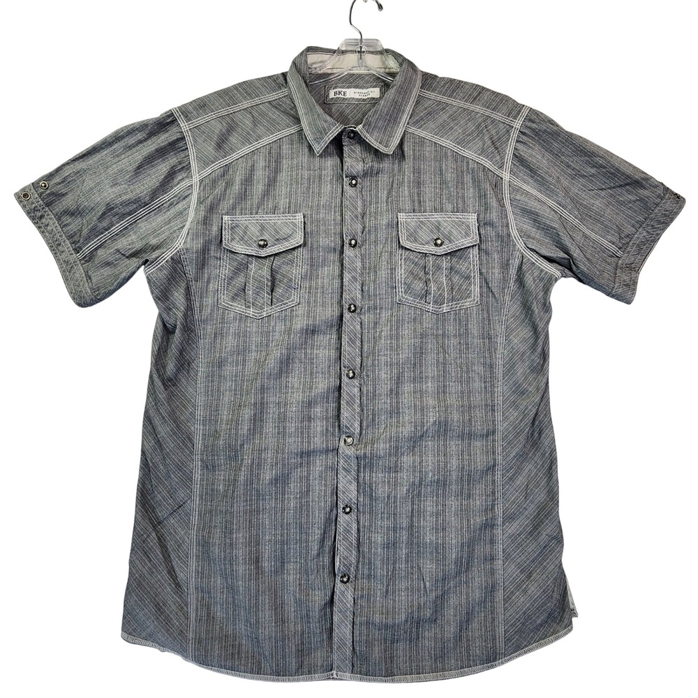 BKE XL Gray Western Pearl Snap Shirt Short Sleeve Contrast Stitch Cowboy Casual